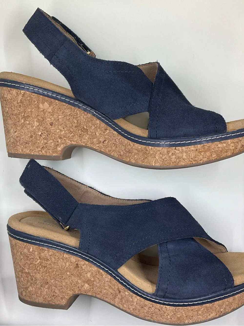 Clarks Navy Suede Cork Wedge Sandals